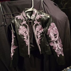 Source Unknown Black Leather Jacket with Purple Embroidery